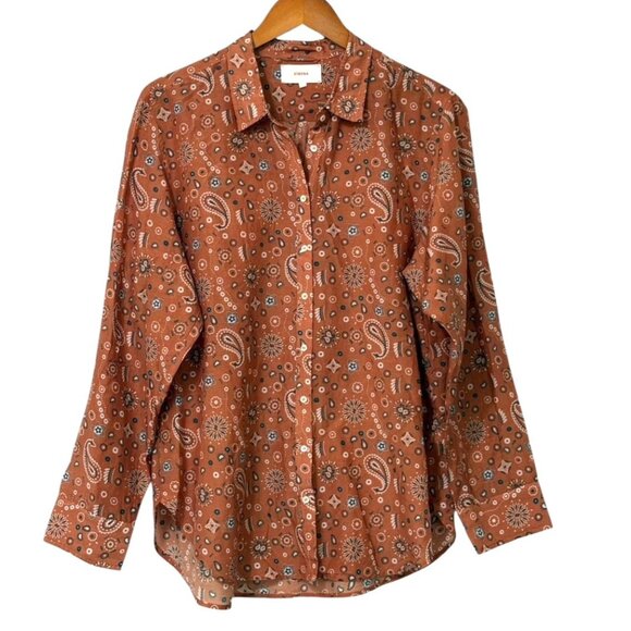 Xirena Beau Shirt in Spice Bandana Mocha Teal Cotton Silk Long Sleeve Size L - Picture 1 of 12